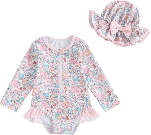 Baby Girl Rash Guard Swimsuit Floral One Piece Bathing Suit Infant Zipper Swimwear + Hat Sun Protection Beach Wear in Saudi Arabia
