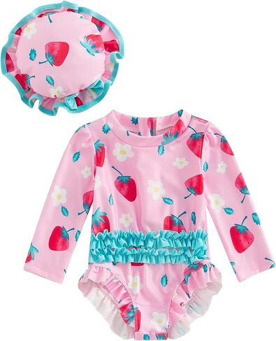 Baby Girl Rash Guard Swimsuit Floral One Piece Bathing Suit Infant Zipper Swimwear + Hat Sun Protection Beach Wear in Saudi Arabia