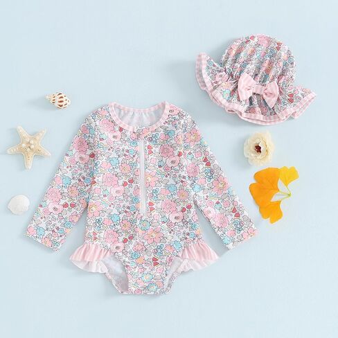 Baby Girl Rash Guard Swimsuit Floral One Piece Bathing Suit Infant Zipper Swimwear + Hat Sun Protection Beach Wear in Saudi Arabia