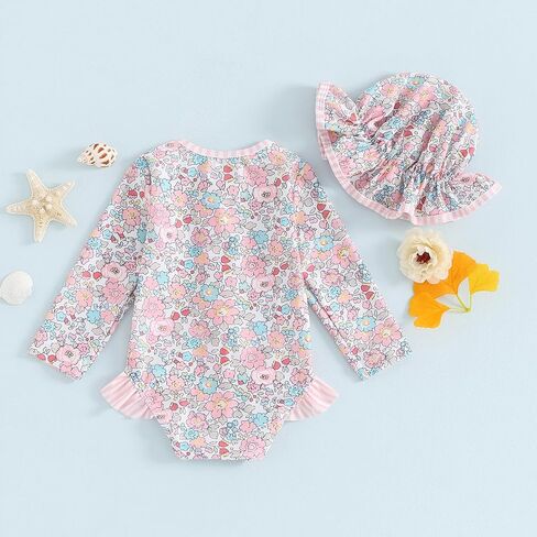 Baby Girl Rash Guard Swimsuit Floral One Piece Bathing Suit Infant Zipper Swimwear + Hat Sun Protection Beach Wear in Saudi Arabia
