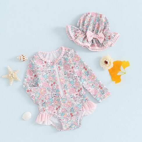 Baby Girl Rash Guard Swimsuit Floral One Piece Bathing Suit Infant Zipper Swimwear + Hat Sun Protection Beach Wear in Saudi Arabia