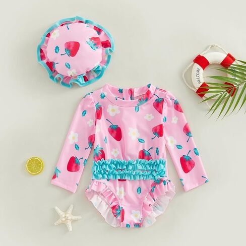 Baby Girl Rash Guard Swimsuit Floral One Piece Bathing Suit Infant Zipper Swimwear + Hat Sun Protection Beach Wear in Saudi Arabia