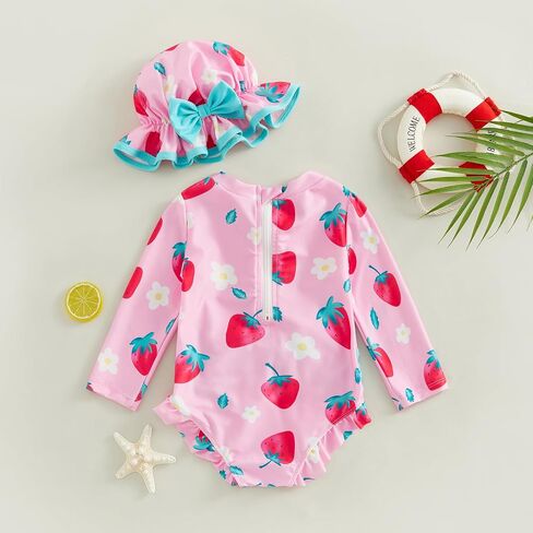 Baby Girl Rash Guard Swimsuit Floral One Piece Bathing Suit Infant Zipper Swimwear + Hat Sun Protection Beach Wear in Saudi Arabia