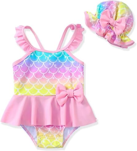 Mikrdoo Baby Girl Swimsuit Ruffled Bikini Tankini Swimsuit Infant Swimwear One Piece Bathing Suits Summer Clothes with Hat in Saudi Arabia