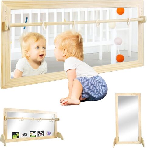 Montessori Mirror مع البار ، والطفل الخشبي المكون من 3 موضع ، بار ، الأرضية والجدار المضاد للرضع ، أثاث مونتيسوري ، للمنزل أو الرعاية النهارية أو مرحلة ما قبل المدرسة in Kuwait