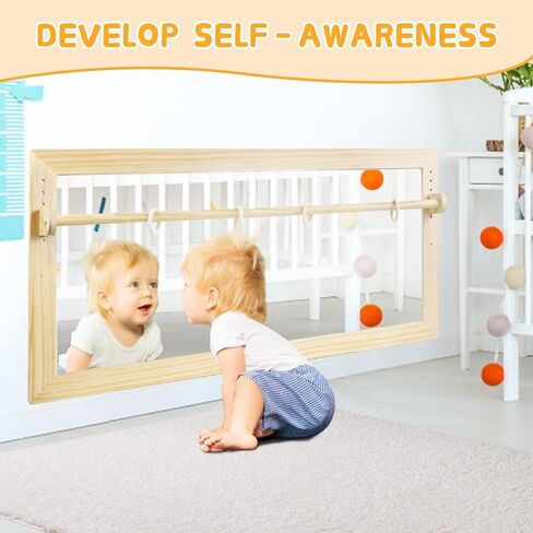 Montessori Mirror مع البار ، والطفل الخشبي المكون من 3 موضع ، بار ، الأرضية والجدار المضاد للرضع ، أثاث مونتيسوري ، للمنزل أو الرعاية النهارية أو مرحلة ما قبل المدرسة in Kuwait