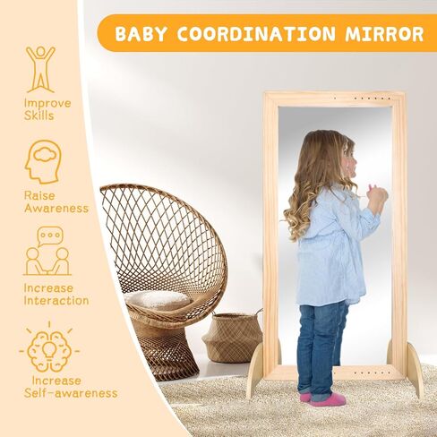 Montessori Mirror مع البار ، والطفل الخشبي المكون من 3 موضع ، بار ، الأرضية والجدار المضاد للرضع ، أثاث مونتيسوري ، للمنزل أو الرعاية النهارية أو مرحلة ما قبل المدرسة in Kuwait