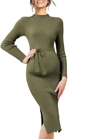 Maternity Sweater Dress Long Sleeve Turtleneck Ribbed Side Slit Bodycon Nursing Midi Dress Pregnancy Clothes in Saudi Arabia