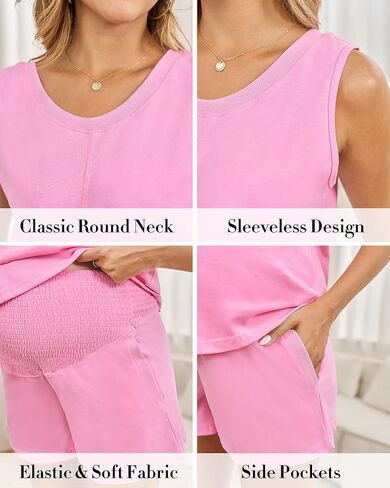 Maternity Pajamas for Women Sets 2 Piece Casual Maternity Outfits Tank Top & High-waisted Smocked Shorts with Pockets in Kuwait
