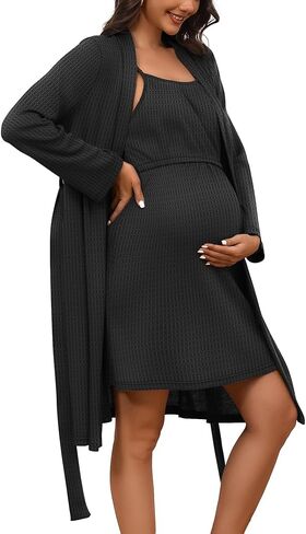 Riyiper Women's Maternity Nursing Waffle Gown Dress and Robe Set Breastfeeding Nightgown 3 in 1 Labor Delivery Hospital Gowns in Kuwait