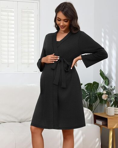 Riyiper Women's Maternity Nursing Waffle Gown Dress and Robe Set Breastfeeding Nightgown 3 in 1 Labor Delivery Hospital Gowns in Kuwait