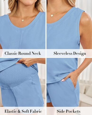 Maternity Pajamas for Women Sets 2 Piece Casual Maternity Outfits Tank Top & High-waisted Smocked Shorts with Pockets in Kuwait