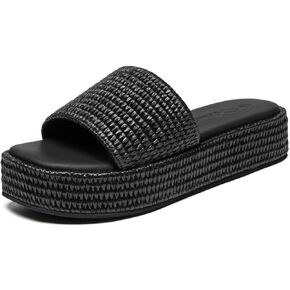 Athlefit Women's Platform Raffia Sandals Comfortable Open Toe Slip On Beach Slides Sandals for Summer Casual