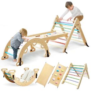 Foldable Pikler Triangle Set, 7-in-1 Montessori Kids Jungle Gym Indoor Climbing Toys, Wooden Climbing Toys for Toddlers Inside, Indoor Playground for Baby and Kids