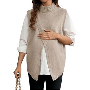 Women's Maternity Sweaters Vest Turtleneck Sleeveless Sweater Split Hem Loose Knitted Pullover Sweater