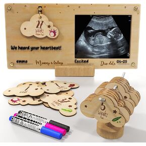 Pregnancy Countdown Board with Ultrasound Sonogram Picture Frame - Announcement of Baby Name, Gender Reveal, Due Date & Weekly Mom’s Feelings - Unique Gift for Expecting Moms and Parents
