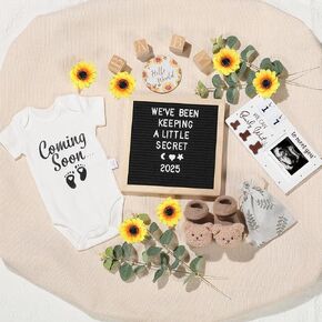 11 Pcs Pregnancy Announcement Set, Pregnancy Reveal Ideas Include Felt Letter Board Sonogram Picture Frame Baby Bodysuit Baby Sock Baby Sign Wood Blocks and Sunflower for Coming Soon Baby Announcement