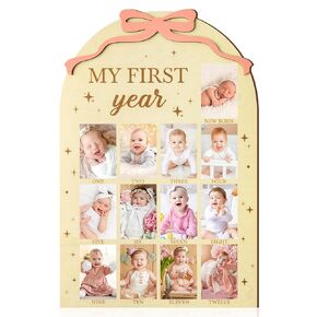 R HORSE My First Year Photo Frame Board, 3D Coquette Pink Bow Display Wood Board, Baby’s First Year 12 Months Milestone Sign 1st Birthday Frame Nursery Decor Keepsake Gift for Boy Girl