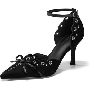 Coutgo Womens High Heels Bow Tie Closed Pointed Toe Stiletto Ankle Strap Studded Suede Dress Shoes