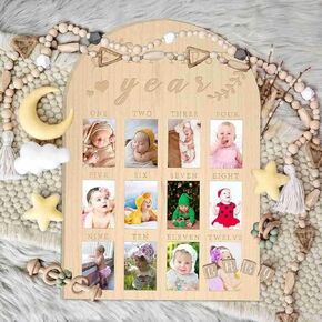 First Year Photo Frame, My First Year Photo Board 12 Monthly Baby Picture Display,17*12CM First year Wood Acrylic Sign 1st Birthday Decorations Baby Keepsake Gift