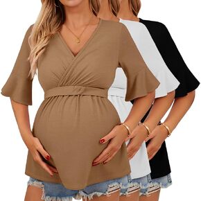 Ficerd 3 Pack قمصان الأمومة النسائية ، قمم التمريض قصيرة الأكمام الكشكش V الرقبة الرضاعة الطبيعية المحملات الحمل غير الرسمية in Kuwait