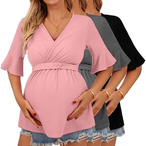 Ficerd 3 Pack Women's Maternity Shirts, Short Sleeve Nursing Tops Ruffle V Neck Breastfeeding Tees Casual Pregnancy Blouses