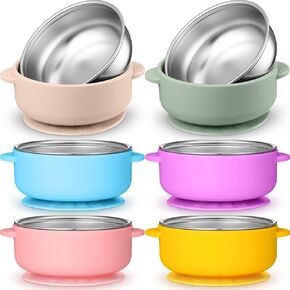 Nuogo 6 Pcs 304 Stainless Steel Baby Bowls with Removable Silicone Shell Toddler Bowls Kids Bowls Anti Scald Snack Container for Food Feeding, Dishwasher Safe(Suction)