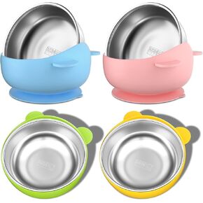 Stainless Steel Baby Bowls with Suction, 2-in-1 SUS304 Toddlers Bowl & Removable Silicone Suction Kids Bowl, Anti Scald Non Toxic Snack Container for Baby Food Feeding, 4 Colors Set