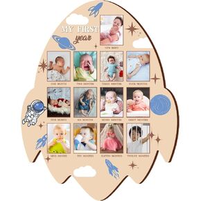 My First Year Wooden Photo Board 14x11 Rocket Shape 12 Months Milestone Photo Board Baby’s First Year Picture Frame for Outer Space Themd 1st Birthday Baby Shower Party Decorations