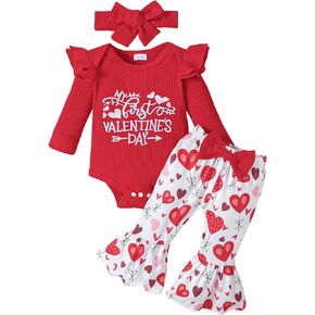 My First Valentine's Day Outfits Newborn Baby Girl Outfits Long Sleeve Ribbed Romper Heart Flare Pant Headband 3Pcs