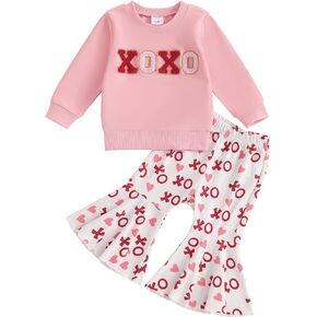 Toddler Baby Girl Valentines Day Outfit Letter Embroidery Crewneck Sweatshirt Top Heart Flare Pants Clothes Set