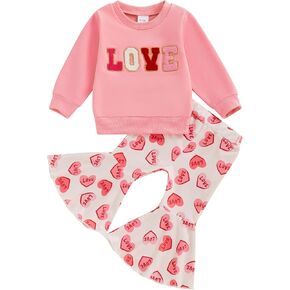 Toddler Baby Girl Valentines Day Outfit Letter Embroidery Crewneck Sweatshirt Top Heart Flare Pants Clothes Set in Kuwait