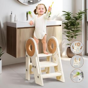 Toddler Step Stool, 2-3 Step Foldable Kids Step Stool for Bathroom Sink, Non-Slip Toddler Step Stool Helper, Potty Training Toilet, Kids Stool Helper, Ages 18 Months to 3 Years (Cream)