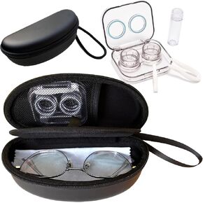 2 in 1 Contact Lens Case and Glasses Case, Double Sided Dual Use Design Eyeglasses Case, Leak Proof & Portable, Tweezer and Contact Lens Solution Bottle Included for Travel Kit