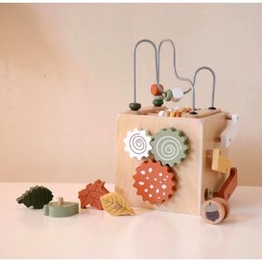 Wooden Activity Cube, Bead Maze, Gears, Shapes, Rabbit Figure, 10 x 10 x 10 inches