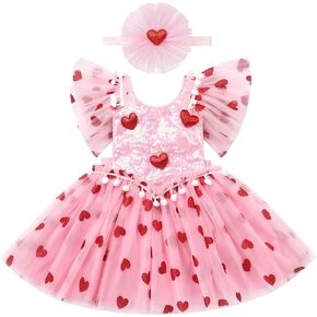 IMEKIS Baby Girl Valentines Day Outfit Sparkle Heart Tulle Dress Romper Tutu Toddler Birthday Cake Smash Photo Shoot