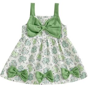 Toddler Baby Girl St. Patrick’s Day Dress Bow Clover Sleeveless Dress Halter Sundress Irish Day Outfit