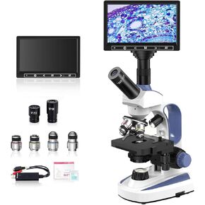Lab Monocular Compound Microscope with 40X-2500X, Dual-View Microscope for Adults with 7’’ LCD Screen, Wide-Field 10X/ 25X Eyepieces, Dual Illumination, Built-in 5MP Camera for Lab School Farm