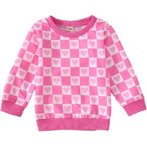 BOUTIKOME Toddler Baby Girl Valentines Day Sweatshirts Heart Shirts Plaid Long Sleeve Crewneck Pullover Top Clothes 1-6T