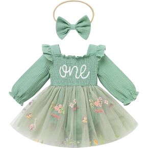 ODASDO Baby Girls First Birthday Outfit Sqaure Neck Ruffle Long Sleeve Tulle Tutu Romper Dress with Bow Headband