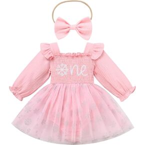 ODASDO Baby Girls First Birthday Outfit Sqaure Neck Ruffle Long Sleeve Tulle Tutu Romper Dress with Bow Headband