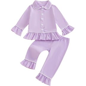 SAYOO Toddler Baby Girls Christmas Valentines Pajamas Set Frill Trim Ruffle Hem Lapel Button Down Tops Pants 2Pcs Sleepwear