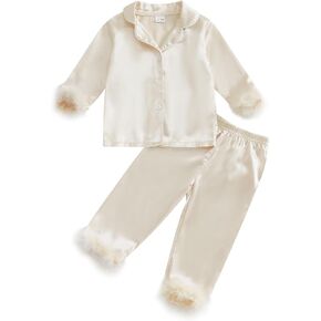 Toddler Girl Satin Silk Pajamas Button Down Feather Trim Fuzzy Shirt and Long Pants Little Girls Sleepwear Nightgown