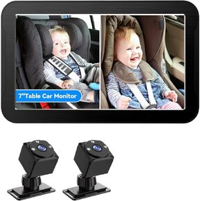 Baby Car Camera for 2 Kids, 1080P 7 Inch Baby Car Monitor with Dual Rear Facing Camera and Night Vision, 360° Rotatable Safety Car Seat Mirror Camera for Rear Facing Baby Seats