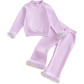 Toddler Baby Girl Satin Pajama Set Feather Trim Long Sleeve Button Shirt Top Long Pants 2PC Pjs Sleepwear Lounge Sets
