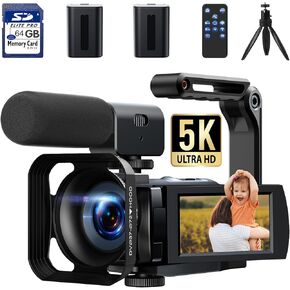 5K Video Camera Camcorder 56MP WiFi Vlogging Camera for YouTube IR Night Vision 16X 3" Touch Screen Podcast Camera with 64GB SD Card, Microphone, Handheld Stabilizer, Lens Hood, Remote, Tripod