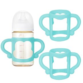 2 Pcs Silicone Baby Bottles Handle Wide Neck Bottle Grip Universal Fit Baby Bottle Holders for Baby Self Feeding (Blue)