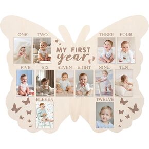 My First Year Photo Display Wood, First Year Picture Frame 12 Months Milestone Board Baby Picture Frame 1st Birthday Nursery Decorations for Baby Keepsake Gift for Mom (Butterfly)