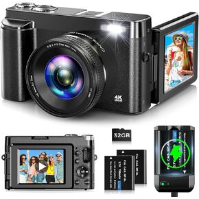 4K Digital Camera for Photography Autofocus 48MP Vlogging Camera for YouTube with 3'' 180°Flip Screen 16X Digital Zoom 4K Video Compact Travel Camera with SD Card,Flash, Anti-Shake (Black)