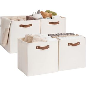 StorageWorks 13x13 Storage Cubes, Collapsible Storage Bins Organizer for Closet, Fabric Storage Box with PU Handles, Beige, 4-Pack